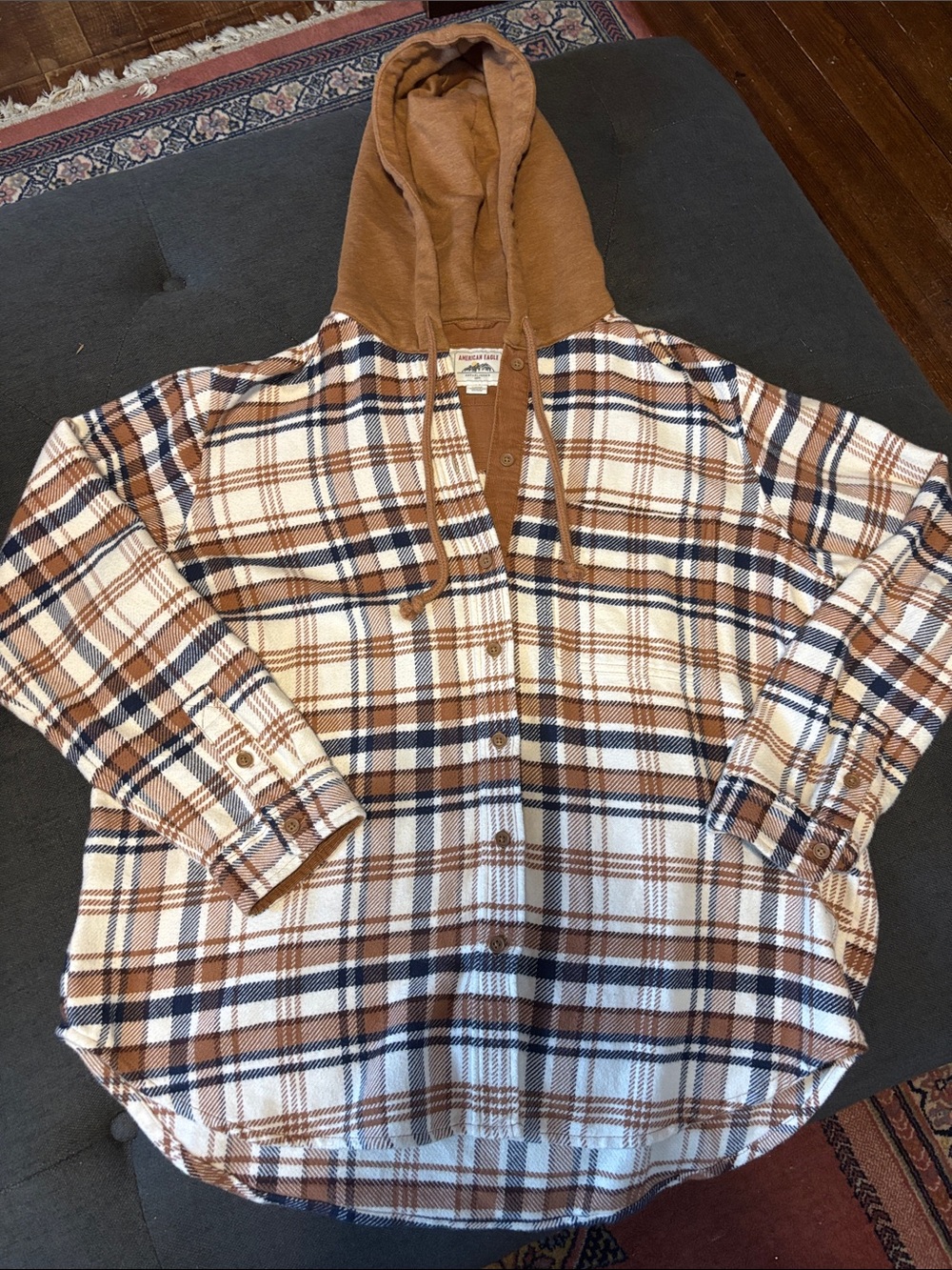 American Eagle Outfitters Brown, Navy & Cream Plaid Hooded Shirt